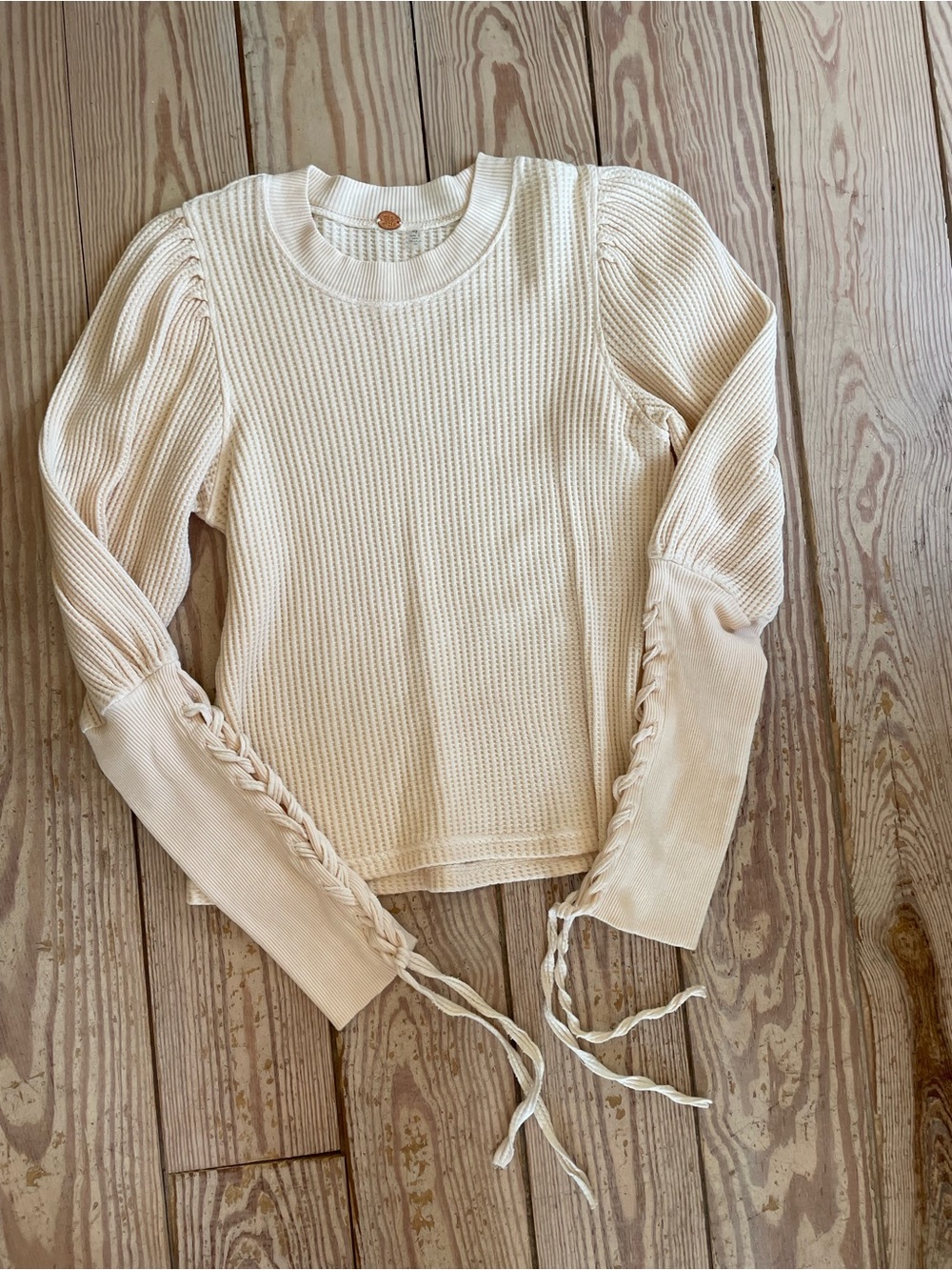 Free People Cream Lace-Up Sleeve Waffle Knit Shirt